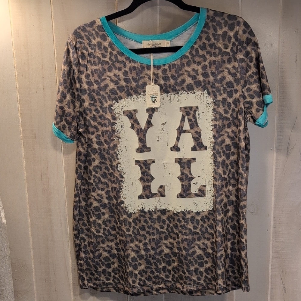 Leopard Print YA'LL T-Shirt with Teal Accents